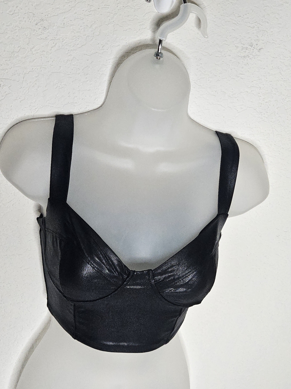 Naked Wardrobe Black Faux Leather Bustier Crop Top XS Shiny Corset Style - Picture 3 of 7